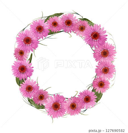 A Stunningly Beautiful Floral Wreath Adorned with Pink Daisies, Perfect for Decorative Use 127690582