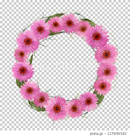 A Stunningly Beautiful Floral Wreath Adorned with Pink Daisies, Perfect for Decorative Use 127690582