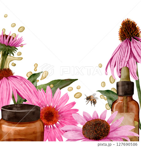 Natural Herbal Remedies Featuring Beautiful Floral Elements Within Elegant Bottles and Jars 127690586