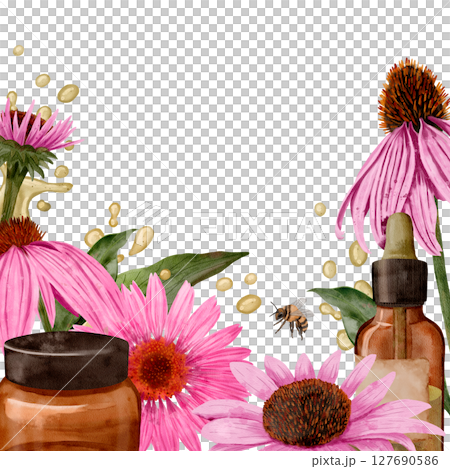 Natural Herbal Remedies Featuring Beautiful Floral Elements Within Elegant Bottles and Jars 127690586