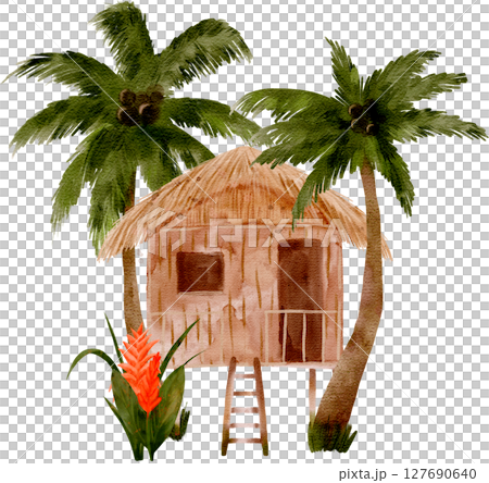 A Beautiful Tropical Treehouse Surrounded by Lush Palm Trees and Vibrant Exotic Flora 127690640