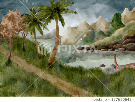 A Beautiful and Serene Watercolor Landscape featuring Tall Palm Trees and a Boat on the Calm Water 127690642