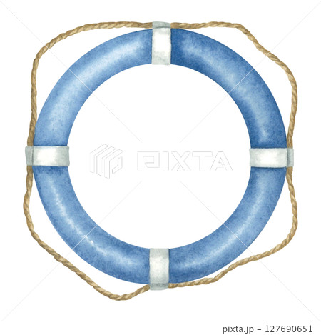 Lifebuoy in blue color. Hand drawn illustration of safeties ring with rope on isolated background. Sketch of marine rescue equipment for prints, postcards, posters, stickers. 127690651