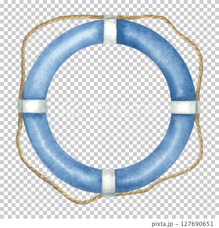 Lifebuoy in blue color. Hand drawn illustration of safeties ring with rope on isolated background. Sketch of marine rescue equipment for prints, postcards, posters, stickers. 127690651