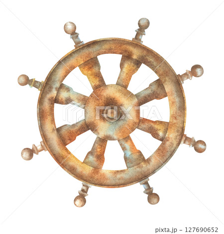 A rusty steering wheel. Hand drawn watercolor illustration of a helm from a sunken ship on an isolated background. Sketch of a vintage metal element for a sailing vessel. Sketch in marine style. 127690652