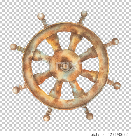 A rusty steering wheel. Hand drawn watercolor illustration of a helm from a sunken ship on an isolated background. Sketch of a vintage metal element for a sailing vessel. Sketch in marine style. 127690652