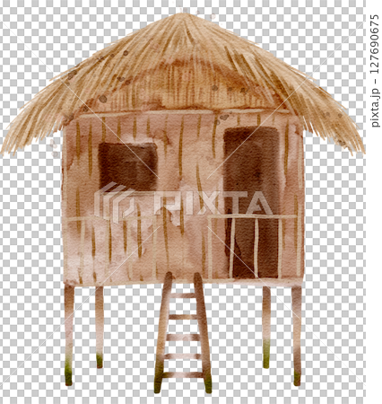 Explore the charming stilt house with a thatched roof, blending beautifully with nature Explore the charming stilt house with a thatched roof, blending beautifully with nature 127690675