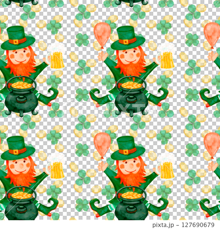 A Cheerful Leprechaun holds Gold and Beer in a festive pattern, celebrating joy and tradition 127690679