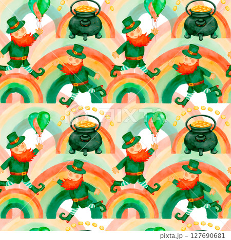 A vibrant and colorful pattern celebrating St. Patricks Day featuring playful leprechauns 127690681