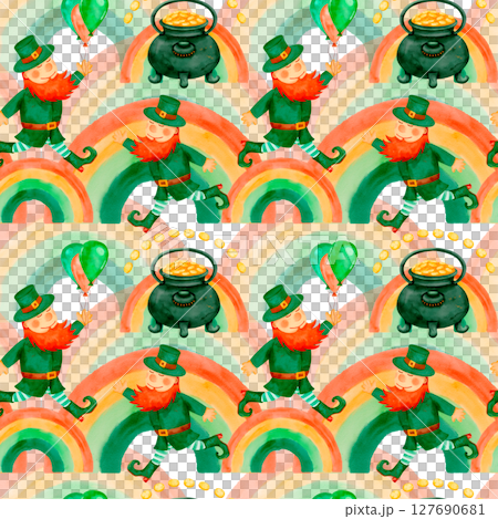 A vibrant and colorful pattern celebrating St. Patricks Day featuring playful leprechauns 127690681