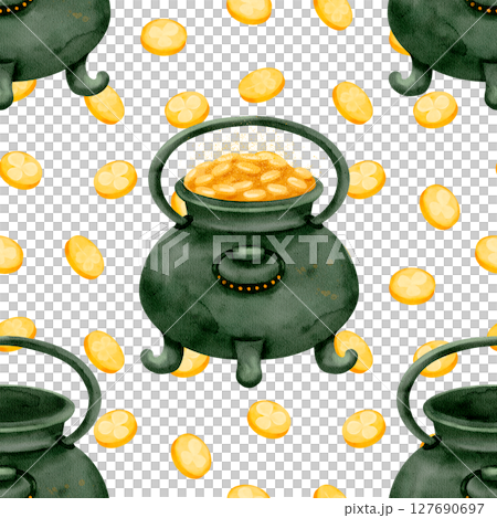 A vibrant cauldron filled with glimmering gold coins creates an enchanting pattern 127690697