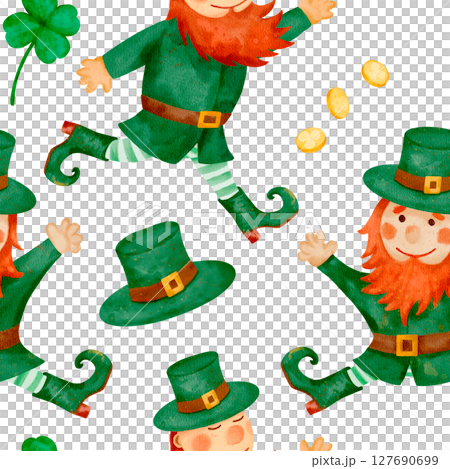 A playful and whimsical pattern featuring delightful leprechauns and cheerful shamrocks 127690699