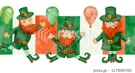 Cheerful Leprechauns celebrate joyfully with colorful balloons, creating a festive atmosphere 127690700