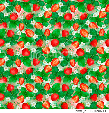 A Beautifully Colorful and Vibrant Strawberry Pattern Featuring Fresh and Lush Green Leaves 127690711