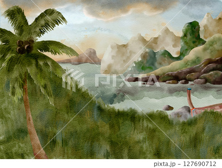 A Tranquil and Peaceful Coastal Landscape Featuring Lush Greenery and Majestic Mountains 127690712