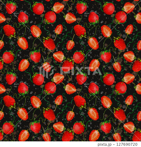 A vibrant and colorful strawberry seamless pattern set against a striking black background 127690720
