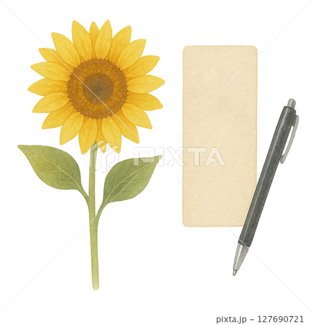 水彩風　ひまわりとメモとペンのイラスト 127690721