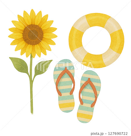 水彩風　ひまわりとビーチサンダルと浮き輪の夏のセットイラスト 127690722