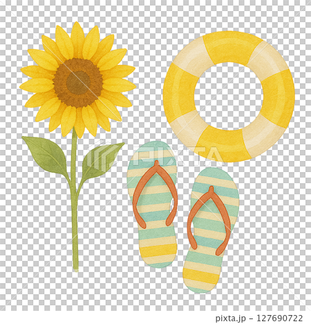 水彩風　ひまわりとビーチサンダルと浮き輪の夏のセットイラスト 127690722