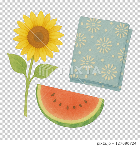 Watercolor style sunflower, watermelon and summer fabric illustration set 127690724