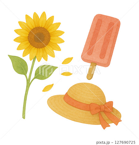 水彩風 ひまわりと麦わら帽子とアイスの夏イラストセット 水彩風 ひまわりと麦わら帽子とアイスの夏イラストセット 127690725