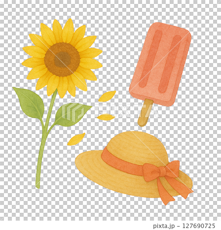 水彩風 ひまわりと麦わら帽子とアイスの夏イラストセット 水彩風 ひまわりと麦わら帽子とアイスの夏イラストセット 127690725