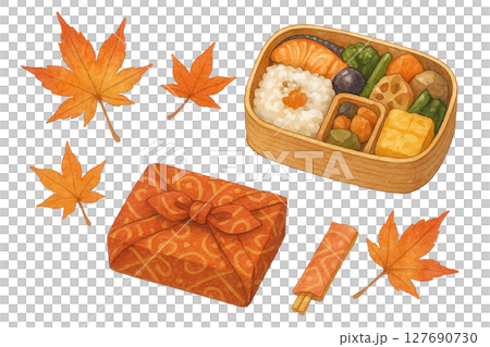 Watercolor style Autumn picnic lunch and autumn leaves set illustration material 127690730