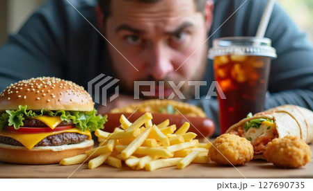 Man stares longingly at table full of fast food.のイラスト素材 [127690735] - PIXTA