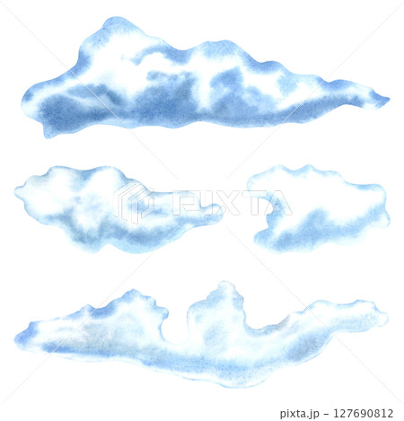 Set of cute, airy, blue clouds. Hand drawn watercolor illustration of the sky perfect for conveying a dreamy, mystical atmosphere for kids greeting cards, Baby shower invitations or nursery wall art. Set of cute, airy, blue clouds. Hand drawn watercolor illustration of the sky perfect for conveying a dreamy, mystical atmosphere for kids greeting cards, Baby shower invitations or nursery wall art. 127690812