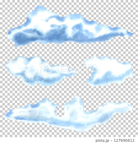 Set of cute, airy, blue clouds. Hand drawn watercolor illustration of the sky perfect for conveying a dreamy, mystical atmosphere for kids greeting cards, Baby shower invitations or nursery wall art. Set of cute, airy, blue clouds. Hand drawn watercolor illustration of the sky perfect for conveying a dreamy, mystical atmosphere for kids greeting cards, Baby shower invitations or nursery wall art. 127690812
