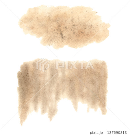 Watercolor spot with beige texture. A hand drawn illustration of a brown brush smear on a white background. An abstract brown stain, a texture stroke for designs and ideas. Summer sand beach imitation Watercolor spot with beige texture. A hand drawn illustration of a brown brush smear on a white background. An abstract brown stain, a texture stroke for designs and ideas. Summer sand beach imitation 127690818
