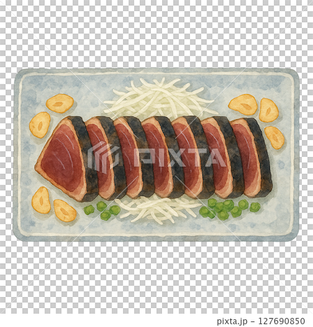 鰹魚刺身和大蒜的水彩插圖（剪切） 127690850