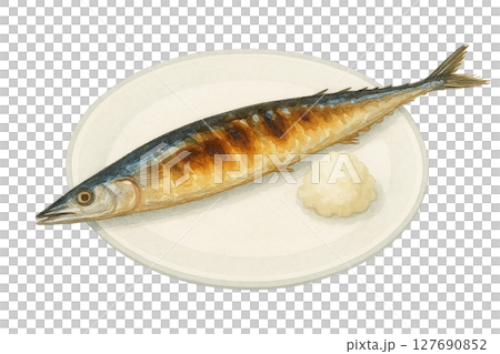 Watercolor illustration of grilled saury (with grated daikon radish, cut out) 127690852