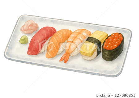 水彩風 寿司盛り合わせのイラスト素材（切り抜き・和食） 127690853