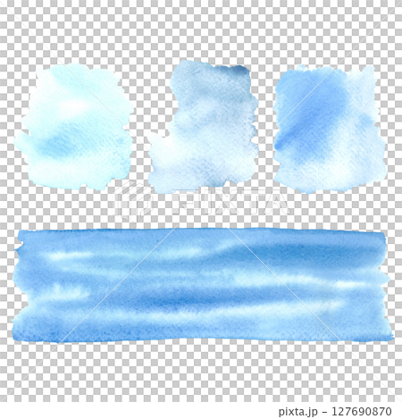 Abstract light blue watercolor stain isolated on white background. Hand drawn illustration of blot for your design, logo, emblem, banner, text. Delicate pastel spot for background. Template for decor. 127690870