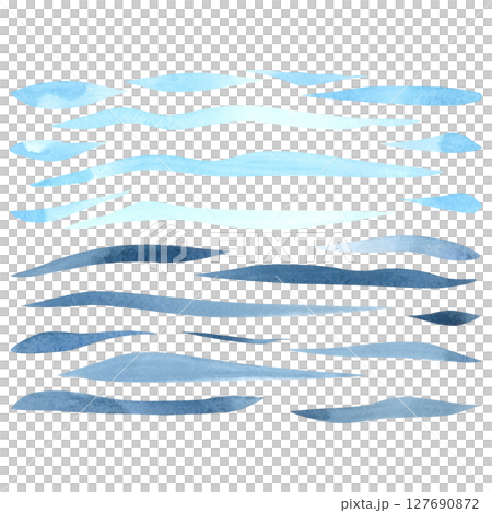 Abstract curved lines of ocean waves. A hand drawn watercolor illustration of wriggling blue stripes on an isolated background. Marine or ocean elements for your designs and any ideas. Abstract curved lines of ocean waves. A hand drawn watercolor illustration of wriggling blue stripes on an isolated background. Marine or ocean elements for your designs and any ideas. 127690872
