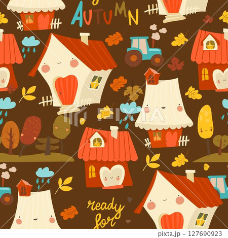 Seamless pattern with cute houses. Autumn trees, roads, houses with pipes and rain clouds Seamless pattern with cute houses. Autumn trees, roads, houses with pipes and rain clouds 127690923