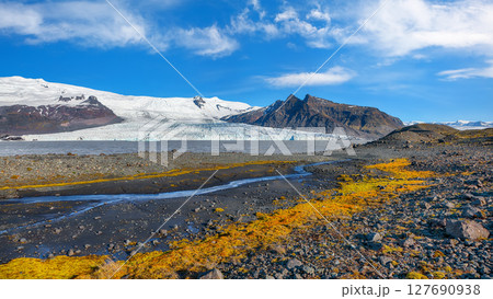 Ramarkable view of Fjallsarlon Glacier Lagoon and colour moss at foreground. Ramarkable view of Fjallsarlon Glacier Lagoon and colour moss at foreground. 127690938