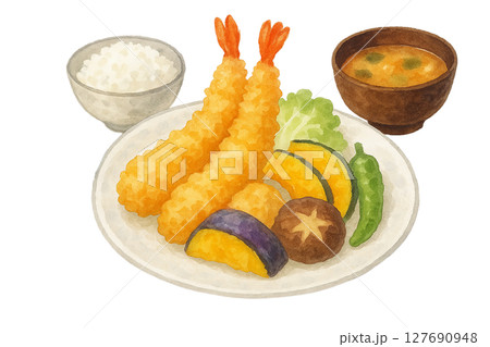 水彩風 天ぷら定食のイラスト素材（切り抜き・和食メニュー） 127690948
