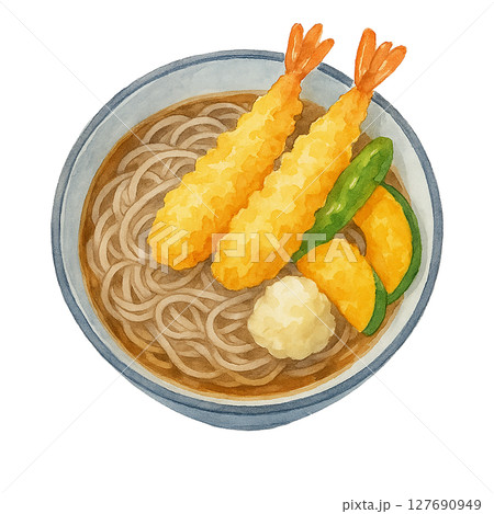 水彩風 天ぷらそばのイラスト素材（切り抜き・和食メニュー） 127690949