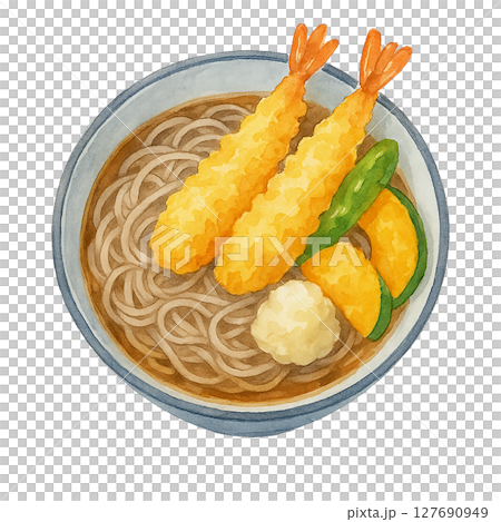水彩風 天ぷらそばのイラスト素材（切り抜き・和食メニュー） 127690949