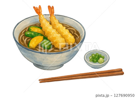 薬味と箸付きの天ぷらそばの水彩イラスト素材（和食・切り抜き） 127690950