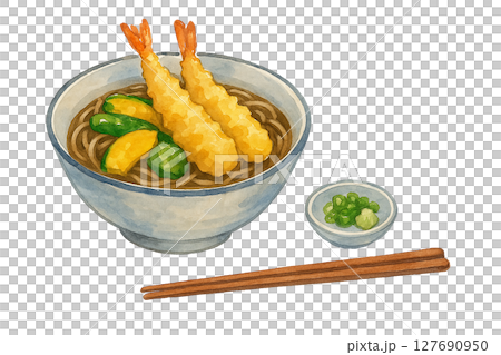 Watercolor illustration of tempura soba with condiments and chopsticks (Japanese food, cutout) 127690950