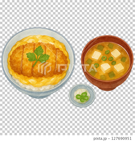Watercolor illustration of a set meal of katsudon and miso soup (Japanese food, cutout) 127690951