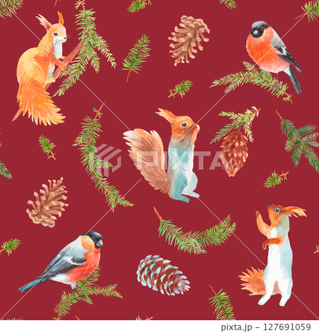 Seamless pattern of squirrel, bullfinches, fir branches and cones. Watercolor handmade elements. For fabric, wallpaper, packing paper, greeting cards, design, decoration and illustration. 127691059