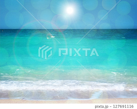 View of beautiful coastline, where soft, white sands meet the calm, turquoise waters of the Arabian Gulf. The clear blue skies and warm sunlight create a relaxing atmosphere. United Arab Emirates. 127691116