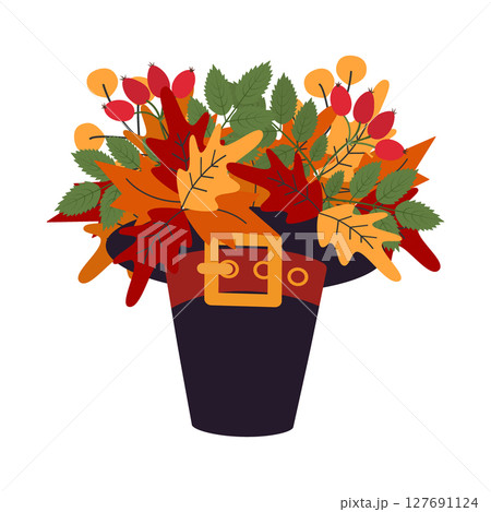 Freehand Autumn Leaves and Rose Hip Bouquet in Pilgrim Hat Thanksgiving Day Greeting Design element Freehand Autumn Leaves and Rose Hip Bouquet in Pilgrim Hat Thanksgiving Day Greeting Design element 127691124