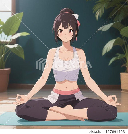 ヨガをする日本人女性のアニメ風イラスト 127691368