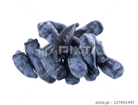 Honeysuckle berry isolated on white background. Fresh honeysuckle blue berry fruits. Clipping path. 127691495