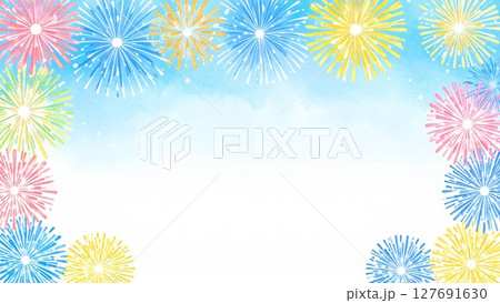 夏の打ち上げ花火のフレーム 水彩手描き風 背景素材 16:9サイズ AI生成素材 127691630